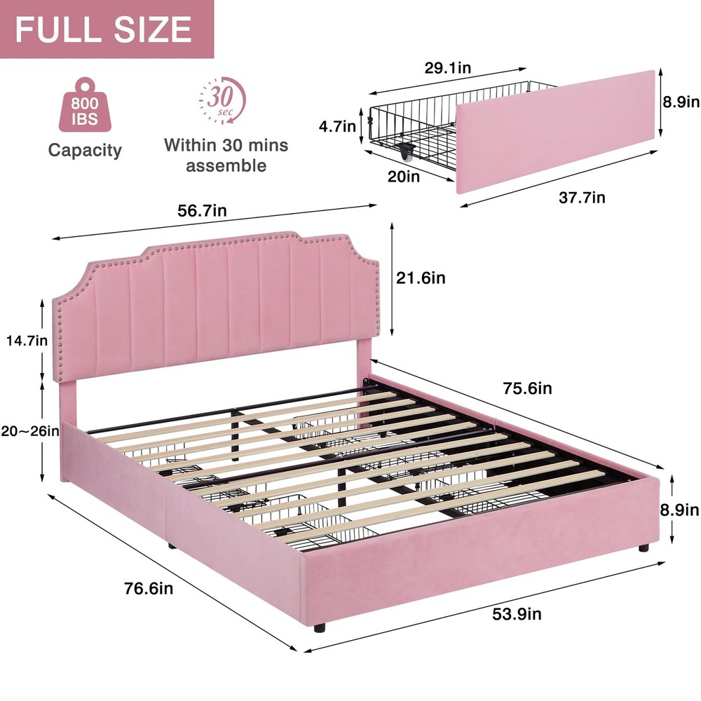 Full Bed Frame Upholstered Platform with 4 Storage Drawers & Tufted Adjustabl...