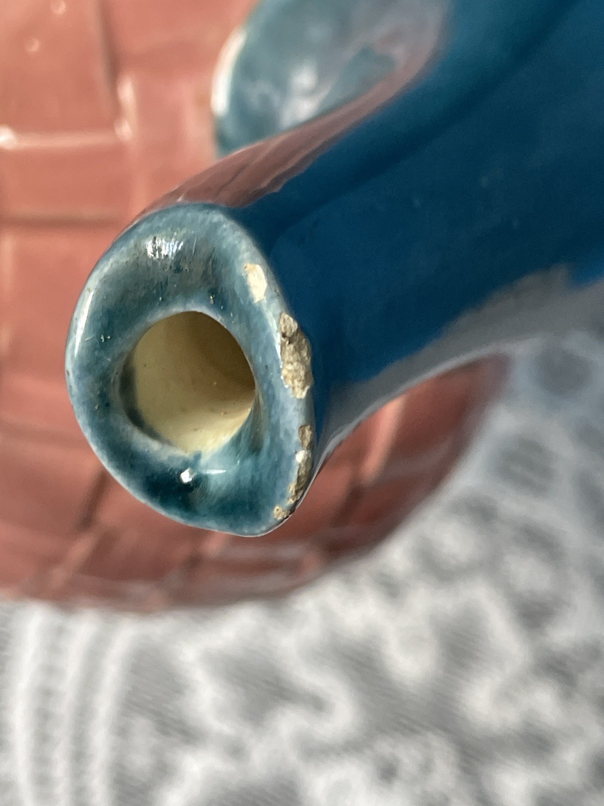 Ceramic Teapot Pink & Teal Basketweave Country Flare Cottagecore Signed Dated