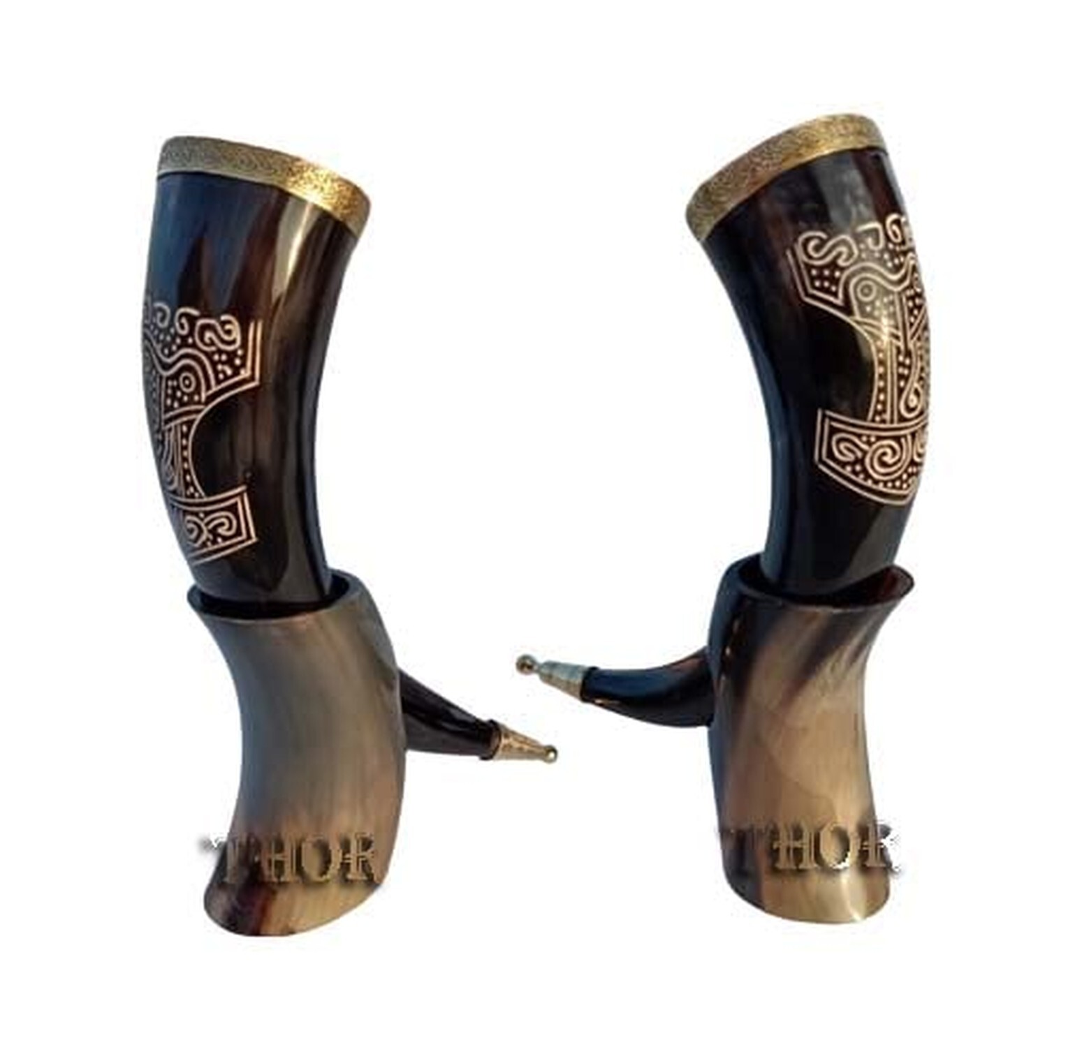 Viking Drinking Horn Mug Thor Hammer Hand Carved Large 10"-12" with Stand/Set...