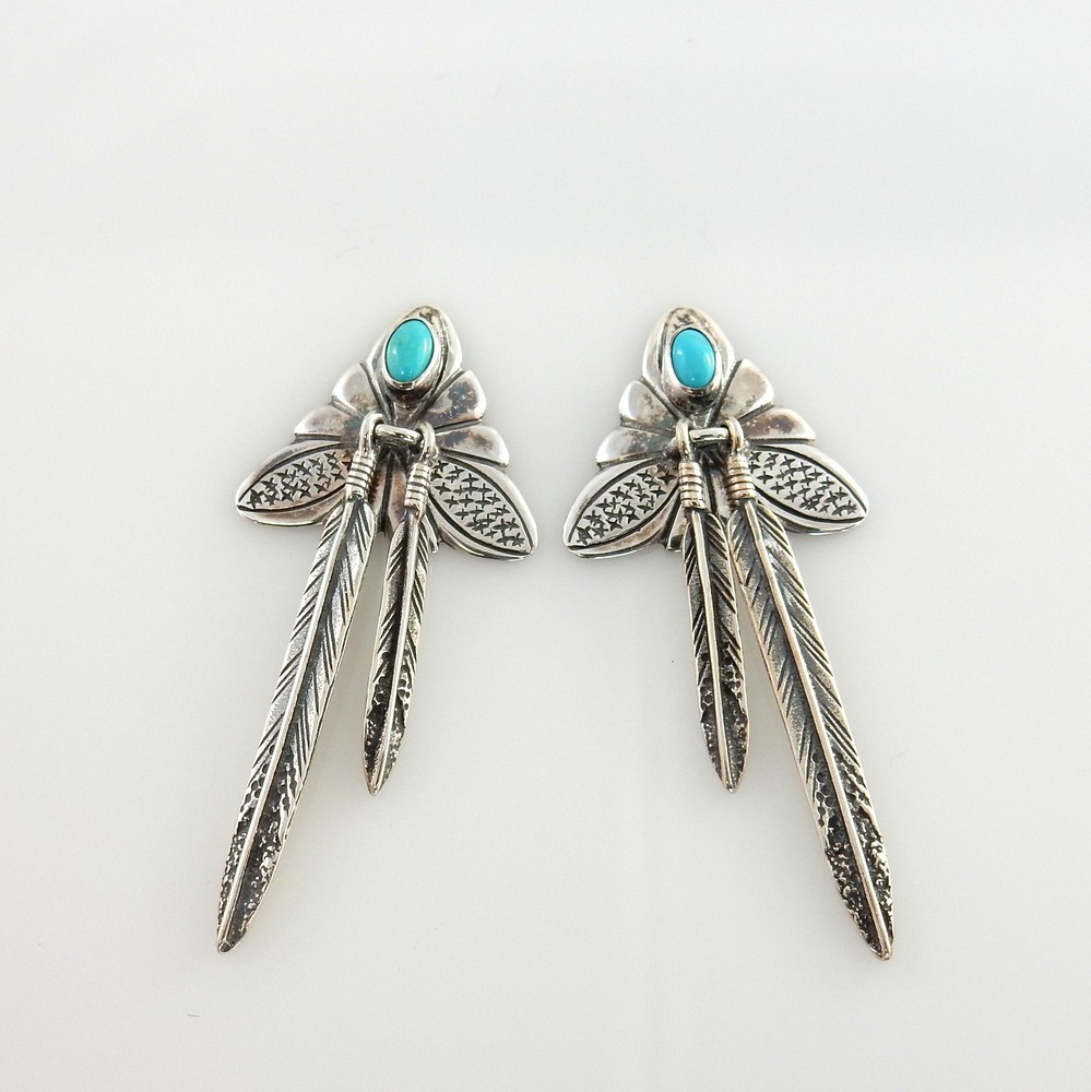 Handmade Sterling Silver Blue Turquoise Feather Post Earrings