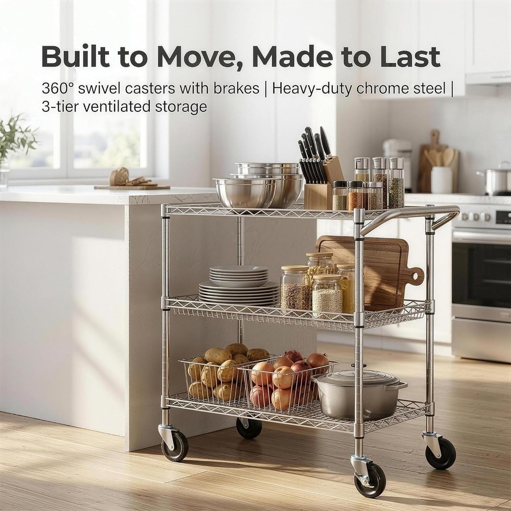 Durable Chrome Utility Cart - 500lb Capacity 3-Tier Rolling Storage Solution