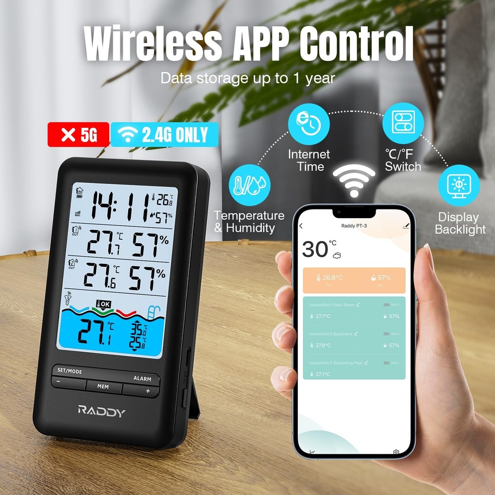 PT-3 Wi-Fi Pool Thermometer Floating Easy Read with 2 Additional Remote Senso...