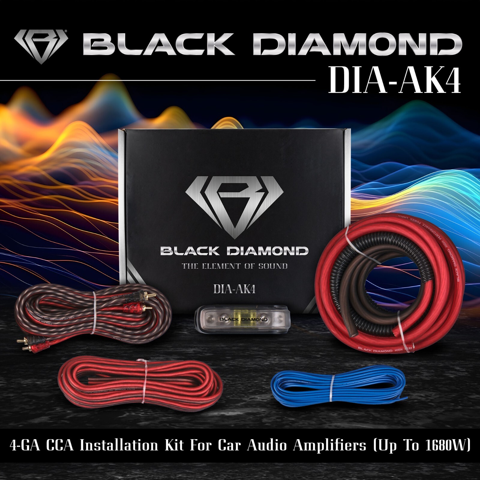 Black Diamond DIA-AK4 Amplifier Wiring Kit 4-GA (Up to 1680W), Amp Wire Kit