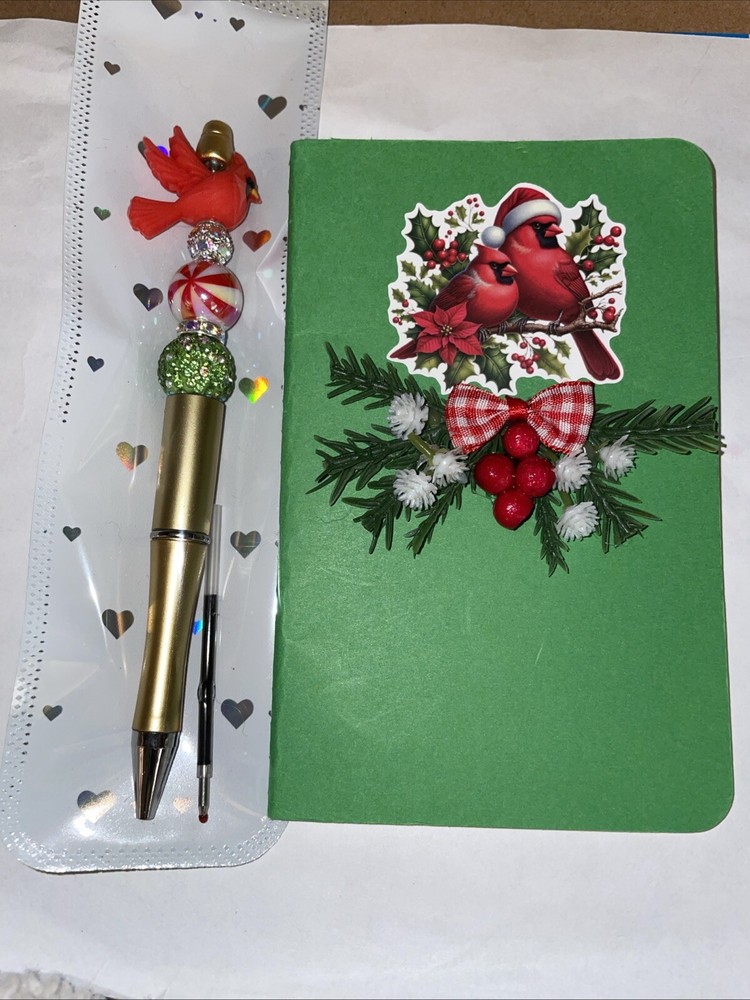HANDCRAFTED RED BIRD BEADED PEN & NOTE PAD SET