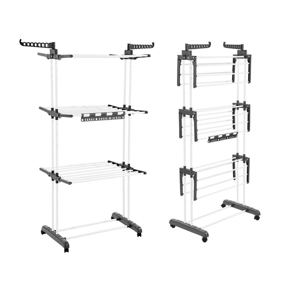 Foldable 4-Tier Drying Rack: 24 Rods, 14 Hooks, 77lb Capacity, Locking Casters