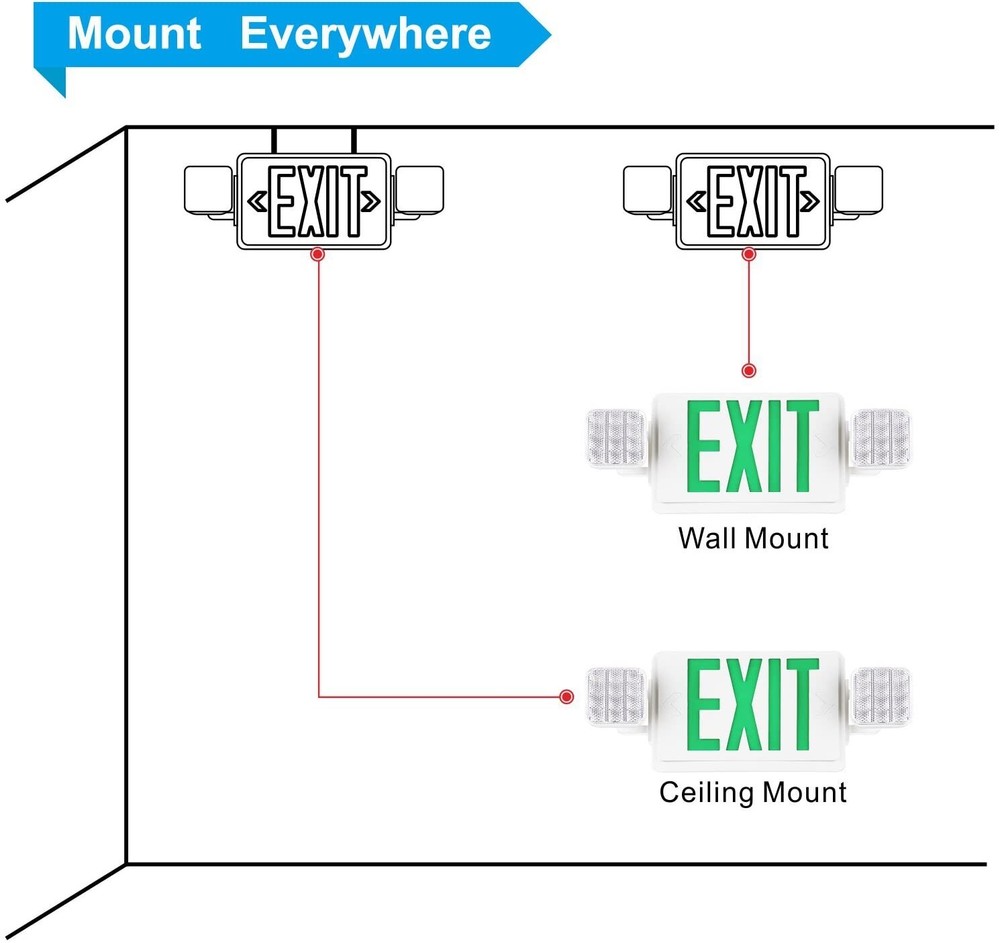 UL Listed 2 Packs Led Green Exit Sign with Battery Backup Combo Exit Lights.