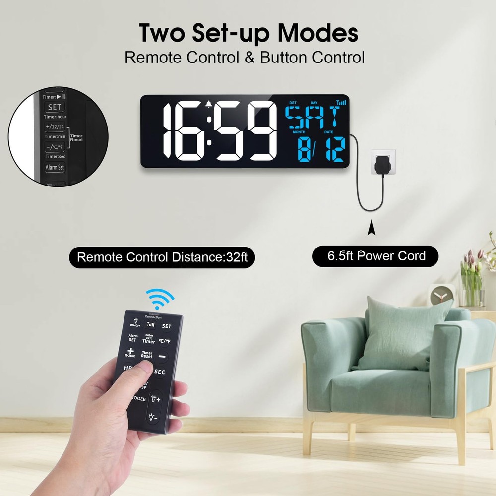 17-in Digital Wall Clock, Bluetooth Sync, Auto-Dimming, Remote, Date, Temp