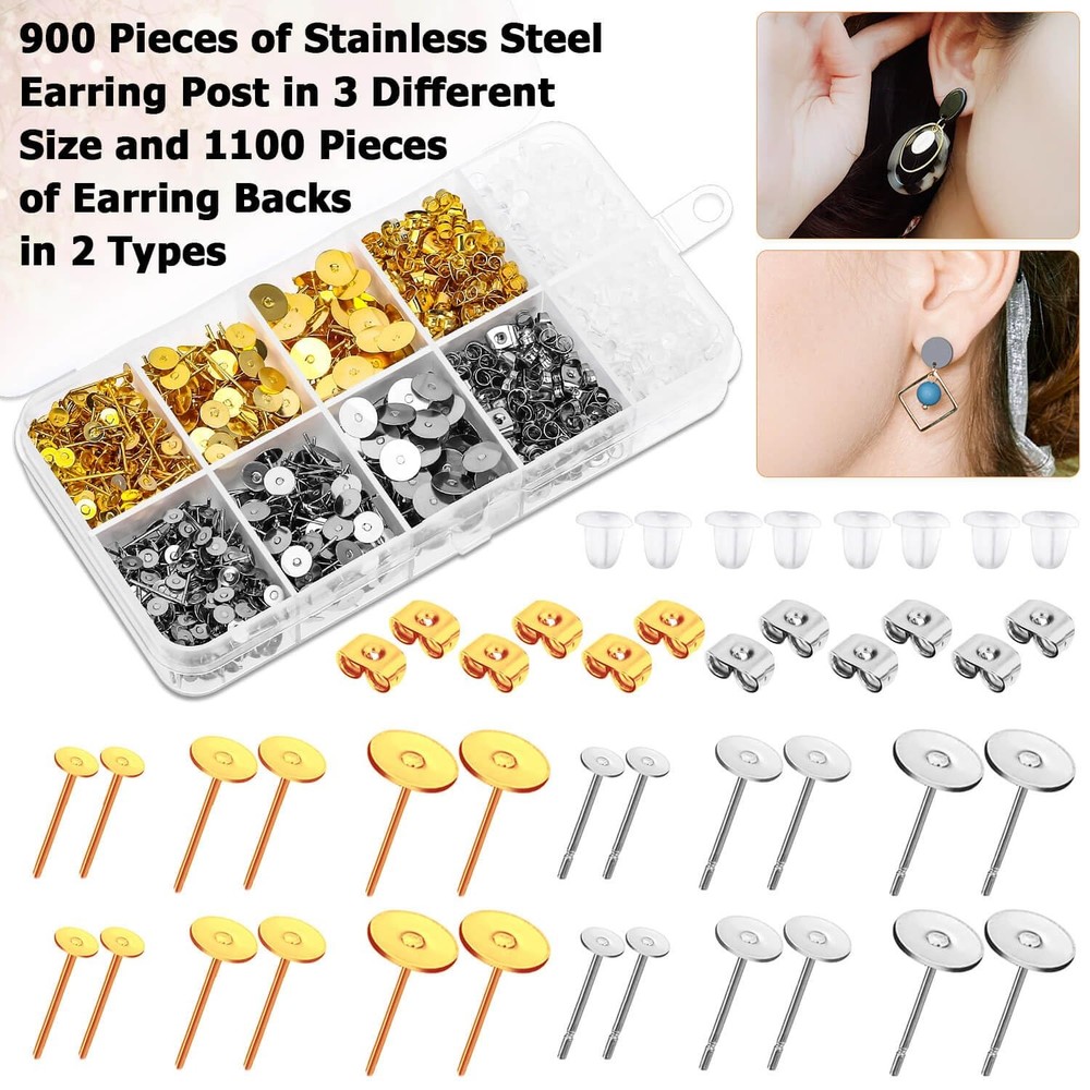 Hypoallergenic Earring Posts and Backs, Caffox 2000pcs Stud Earrings Making Kit