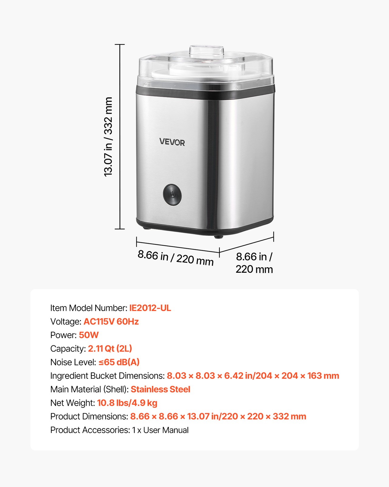 VEVOR Ice Cream Maker Stainless Steel Automatic Machine 2.11 Qt Capacity Silver