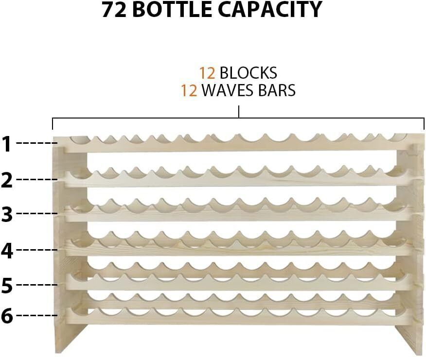 2PCS 72 Bottles Wine Rack Holder Stackable Storage 6 Tier Solid Wood Display