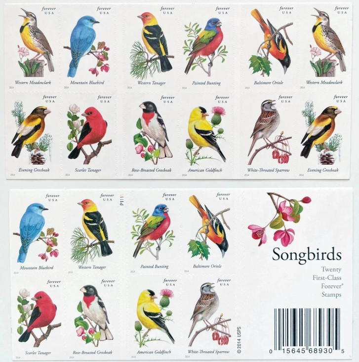 US # 4891b SONGBIRDS (2014) - Booklet Pane of 100 Forever Stamps, NEW MNH