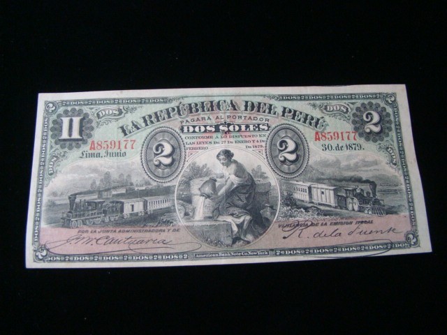 Peru 1879 2 Soles Banknote XF Pick #2 Nice!