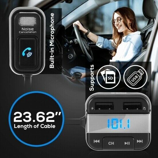 Pyle PBT91 Cigarette Lighter Bluetooth FM Radio Transmitter, Wireless Car Music