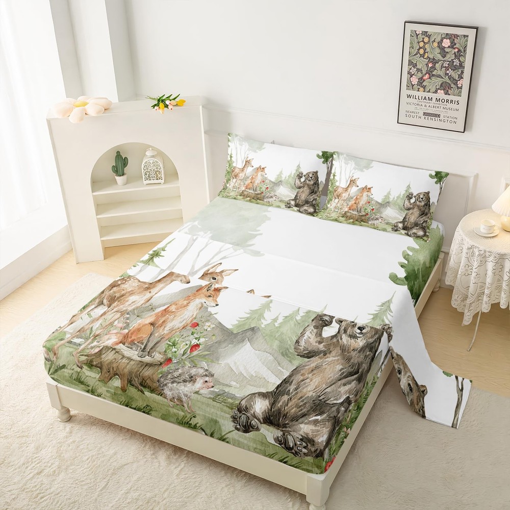QOOMO Black Bear Watercolour Microfiber Flat Fitted Sheets Set for Children C...