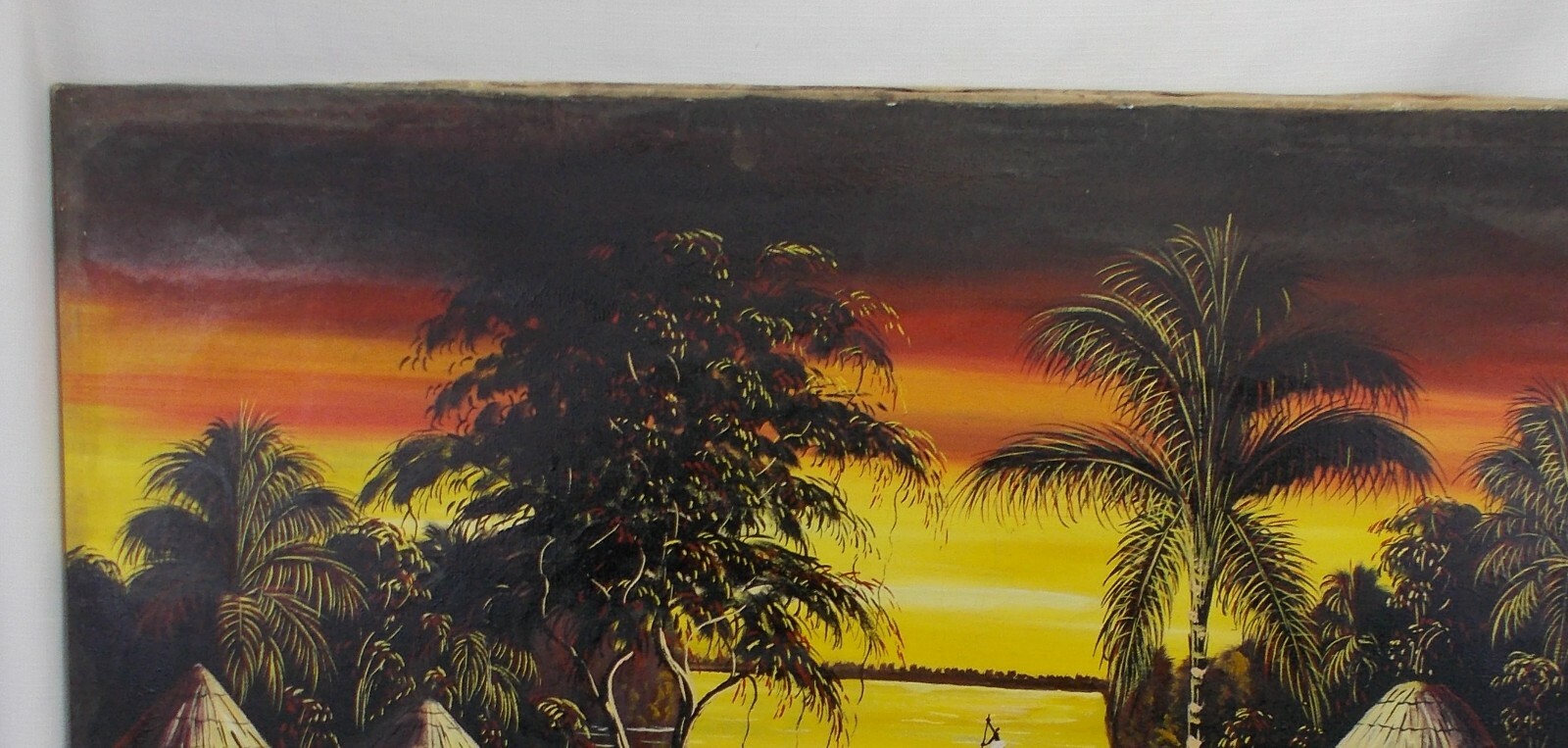 TAMBU 1960's Senegal African oil painting beach village sunset 43 x 28'