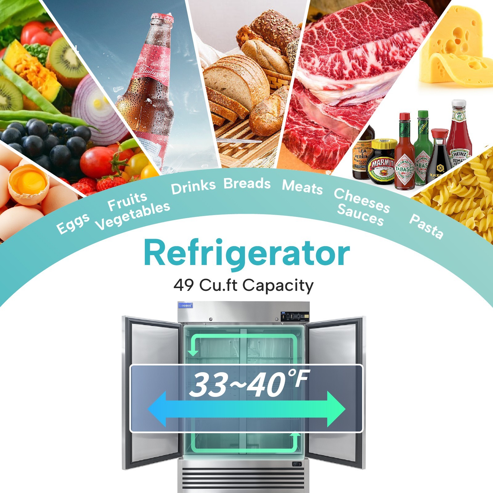 ICECASA 54" Commercial Refrigerator, 2 Door Reach-In Cooler 49 Cu.ft