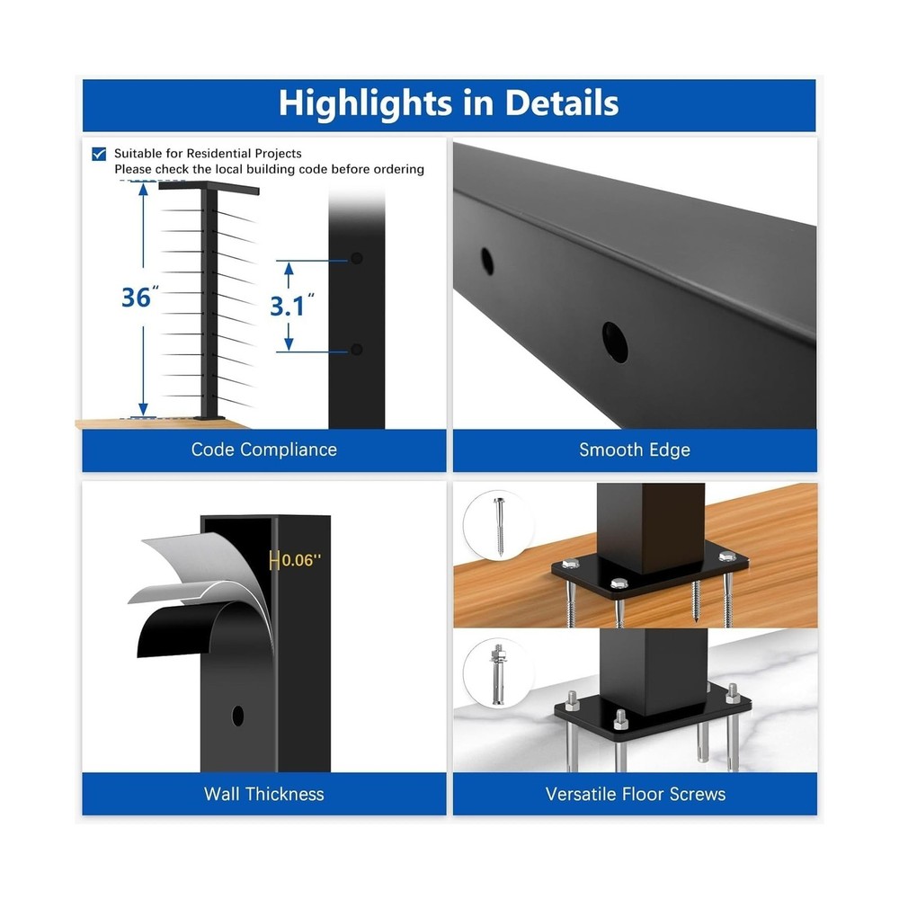 36" Expandable 20-24FT Black T304 Cable Railing Post Kit, Complete Cable Rail...