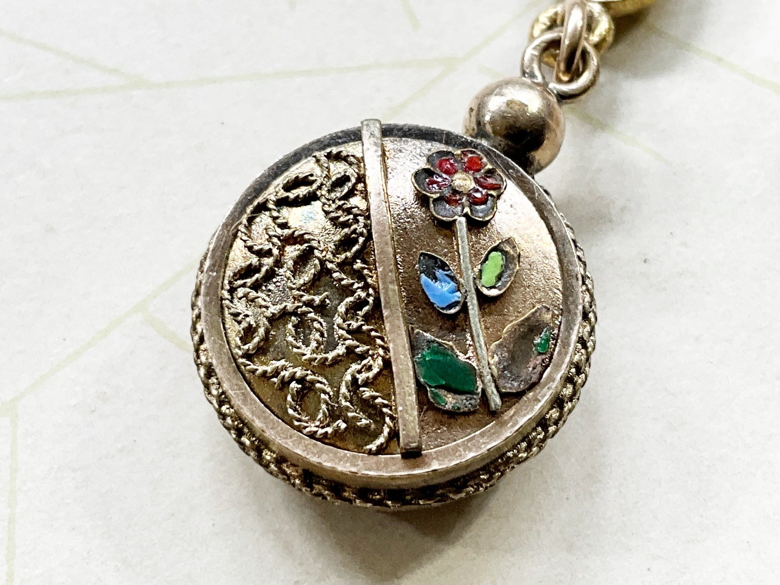 Antique Gold Filled Pocket Watch Chain Fob with Enamel Flowers & Etruscan Work