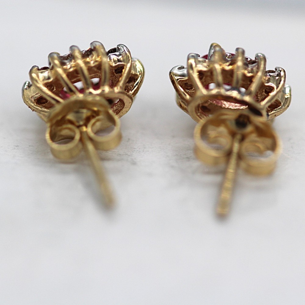 14K Yellow Gold Oval Natural Ruby and Diamond Stud Earrings
