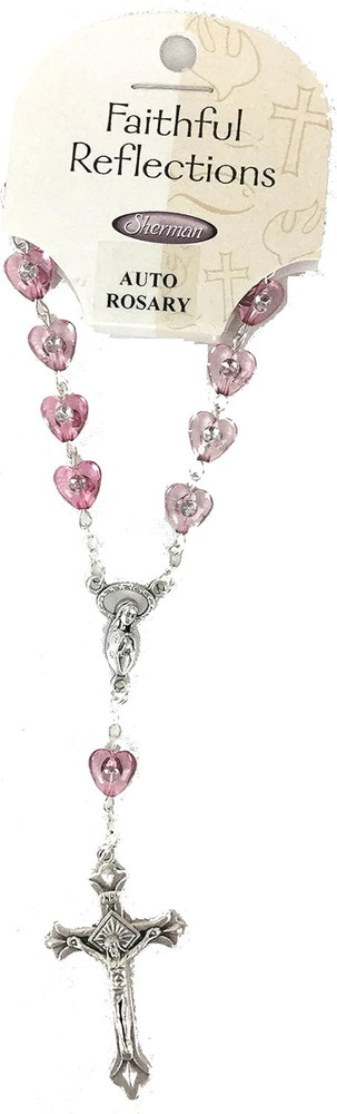 Rosary for Car Rearview Mirror Amethyst Pink Beads W Silverfoil Accents