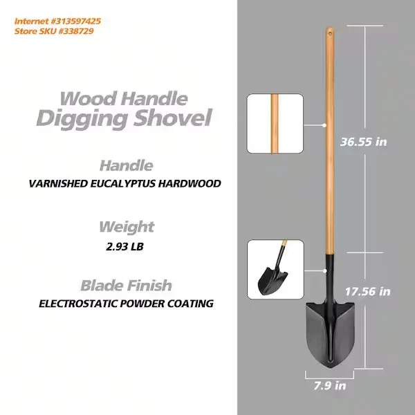 43.3 in L Wood Handle Digging Carbon Steel Shovel for Gardening Projects