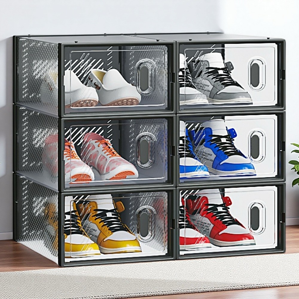 6-Pack Shoe Storage Boxes - Stackable, Plastic Mesh, Door, Black & Small Size