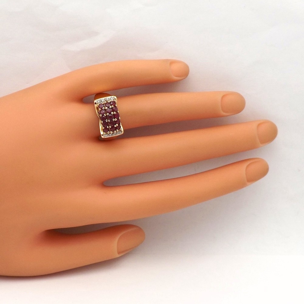 14k Gold Natural Ruby Diamond Ring High Set Triple Row Setting