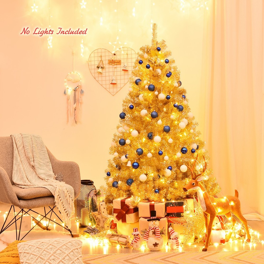 6ft Artificial Tinsel Christmas Tree Hinged w/1036 Tips Foldable Stand Champagne
