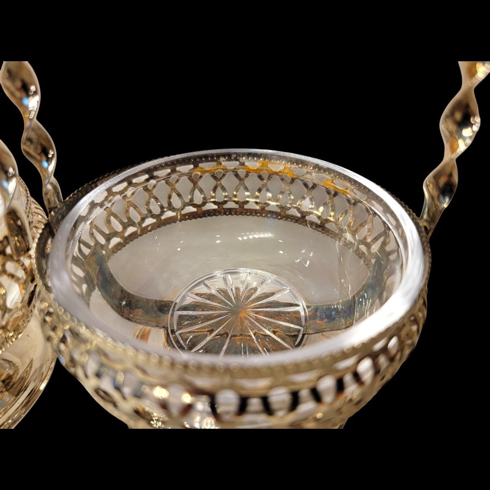 Set of 2 Silver Plated Nut Candy Baskets with Glass Liners Twisted Handle READ