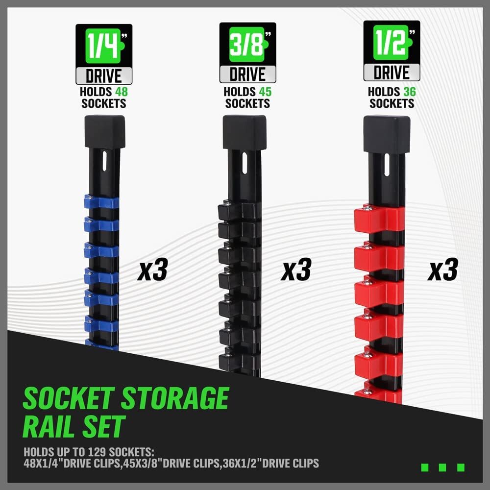 9pc Mountable Socket Organizer Rail Rack for 1/4, 3/8, 1/2 Drive Tools
