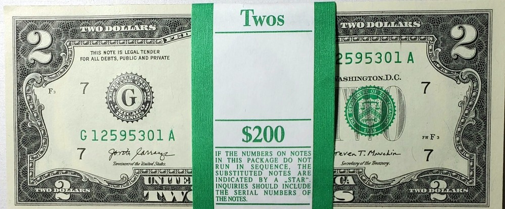 ** 25 Pack Two Dollar Bills ** NEW UNCIRCULATED SEQUENTIAL 2017A