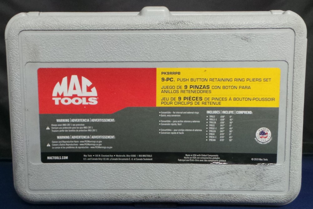 Mac Tools PK9RRPB 9PC Push-Button Retaining Ring Pliers Set w/ Case