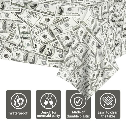 2 PCS Dollar Party Tablecloths, 87" Lx51 W Rectangular Plastic Table Covers,