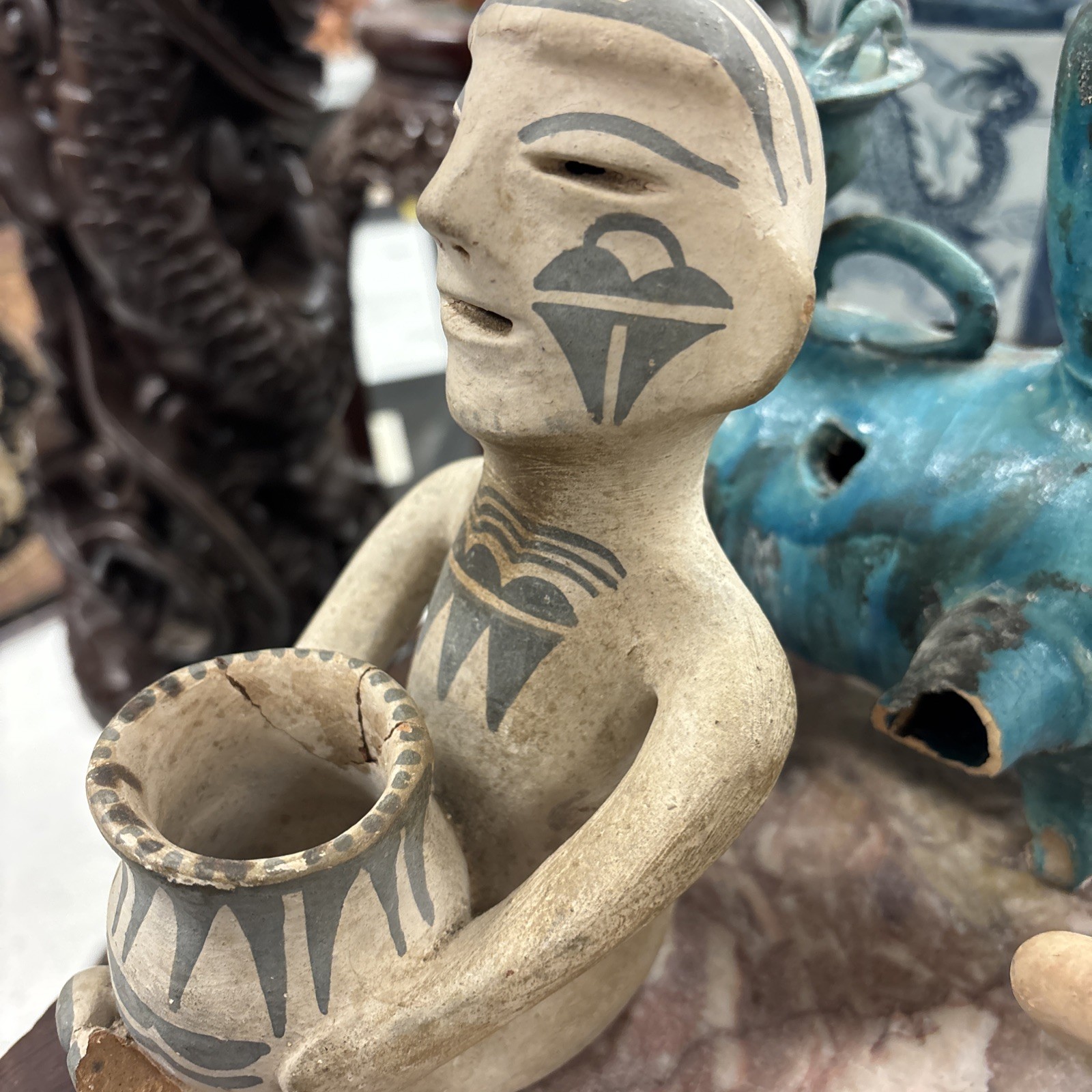 Late 1800s - Very Early 1900s Tesuque Pueblo Pottery Rain God 2 Pieces