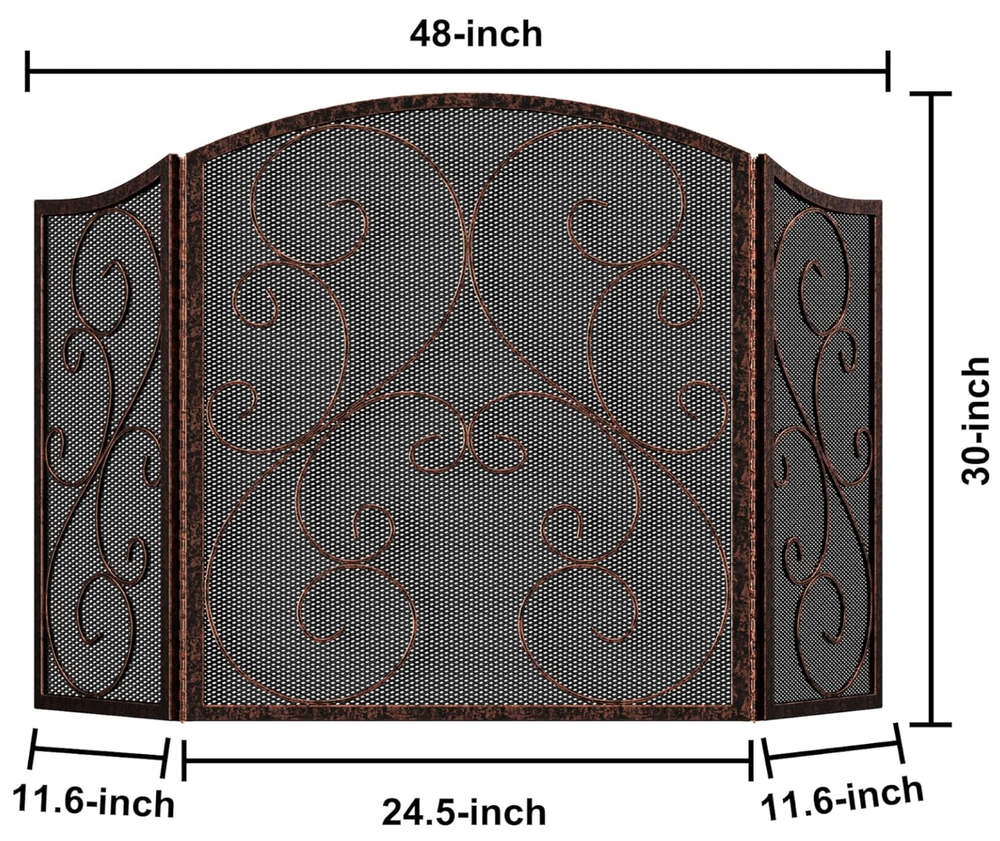 3 Panel Iron Fireplace Mesh Screen Traditional Scroll Metal Brushed Copper Guard
