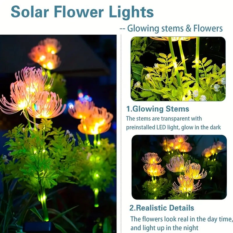 Solar Garden Lights Flower Outdoor Waterproof LED Flower Stake Lamp Yard Red