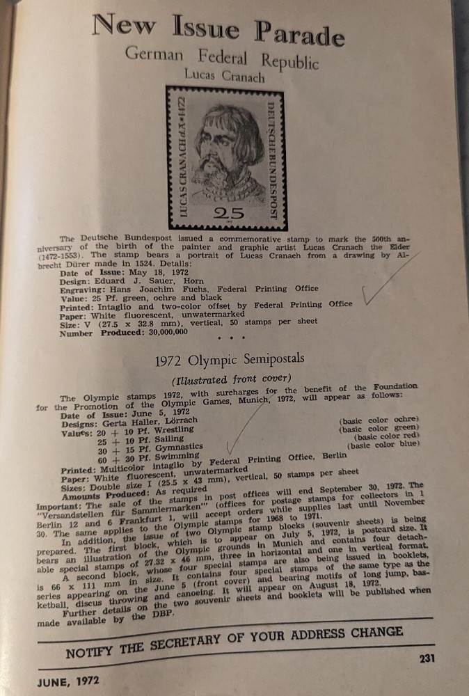 German Postal Specialist Jun 1972 1972 Olympic Semipostals Inflation Period