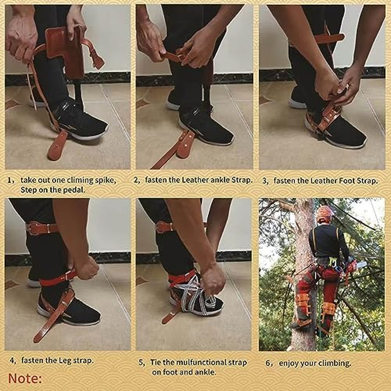 Tree Climbing Gear, Cowhide Leather Tree Climbing Spikes Set, Height-Adjustable