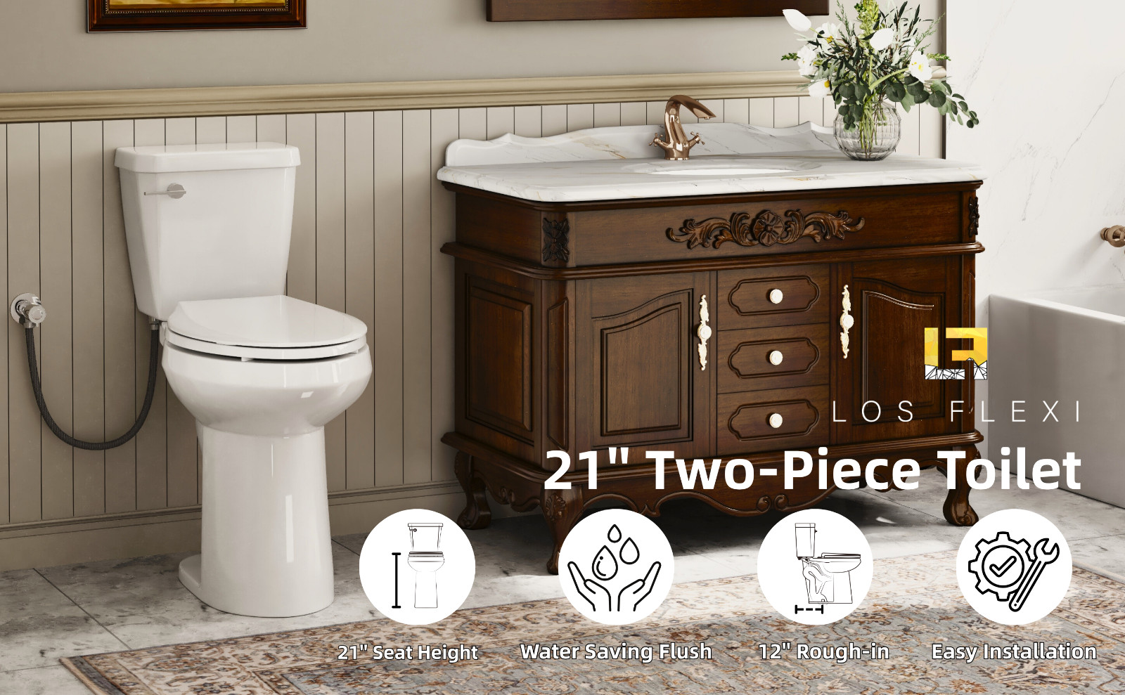 21" Extra Tall Toilet for Seniors, Elongated Bowl, 1.28 GPF, Soft-Close Seat