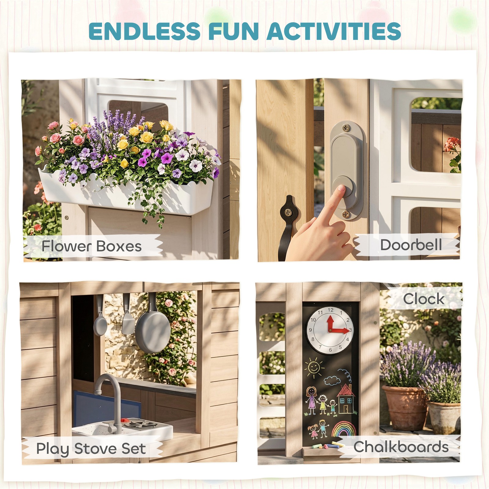 Qaba Outdoor Playhouse, Wooden Kids Playhouse with Dog Door, Cookware, Bell