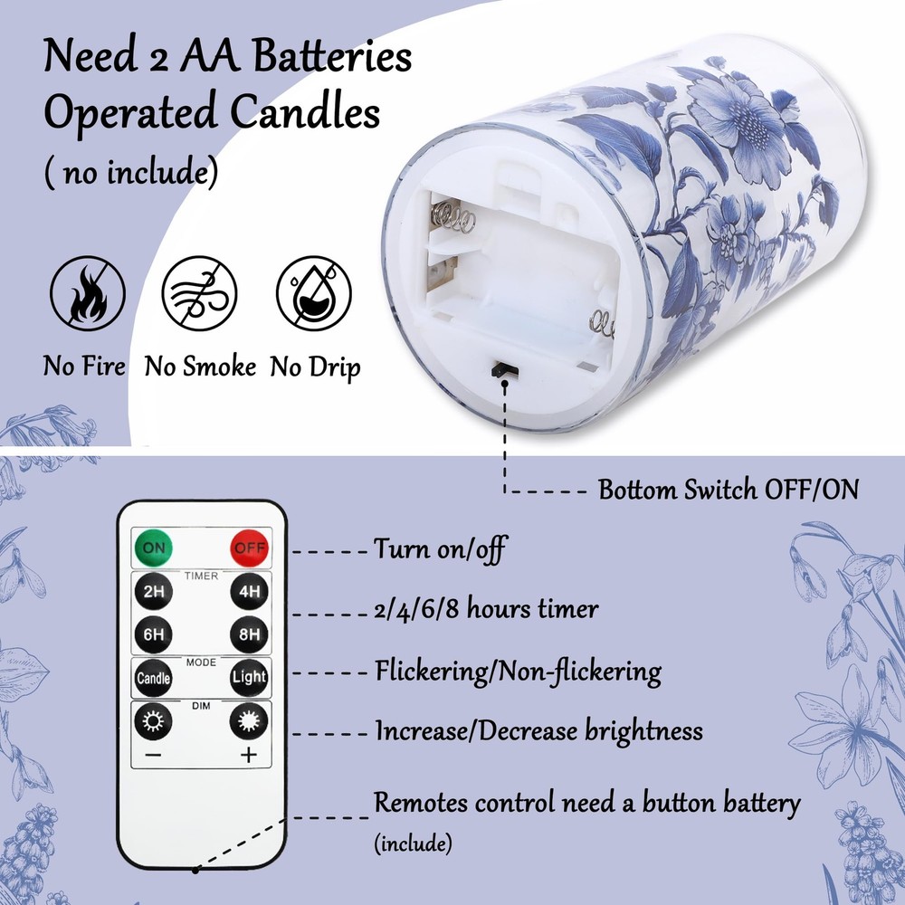 Flameless Candles Glass with Remote Control & Timer Function, Blue and White ...