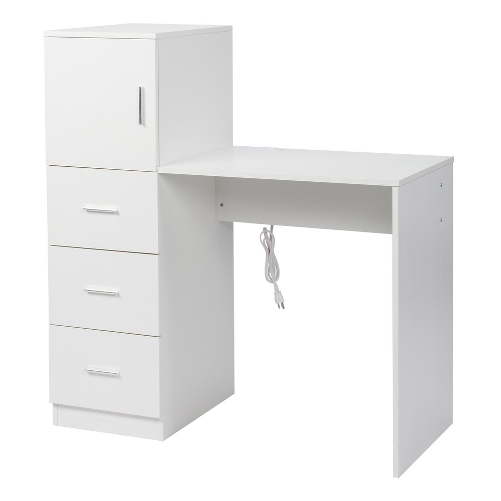 White embossed chipboard computer desk with 2 power sockets