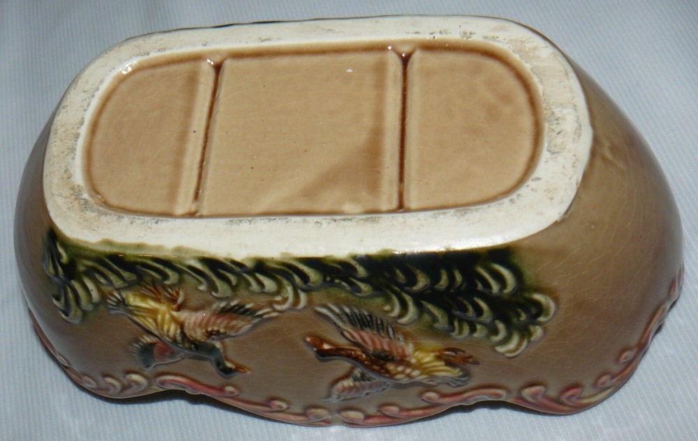 Vintage Square Oval Ruffle 9" Long Planter Crackle Ceramic Ducks In Flight