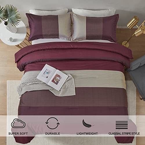 Comforter Set Reversible Stripe Down Alternative Comforter for Queen Burgundy