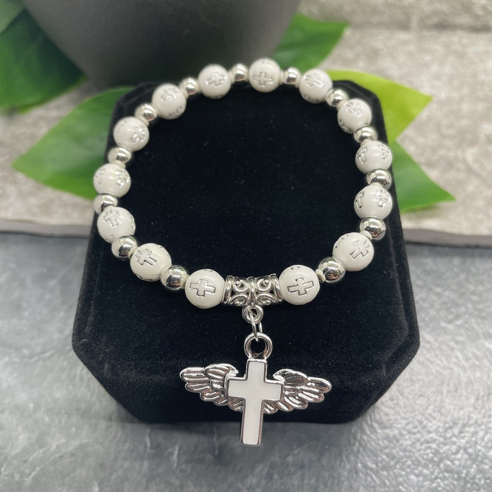Handmade Beaded Stackable 6.5" Plus Stretch Bracelet New Cross Wings A1600