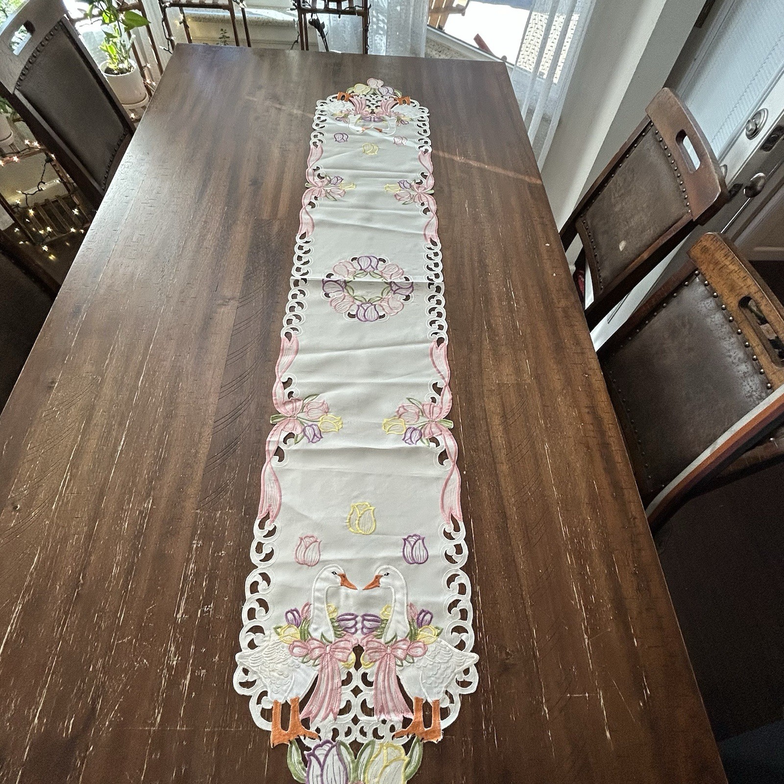Spring Table Runner 68” Geese Embroidered Tulips Outwork Pink Bows