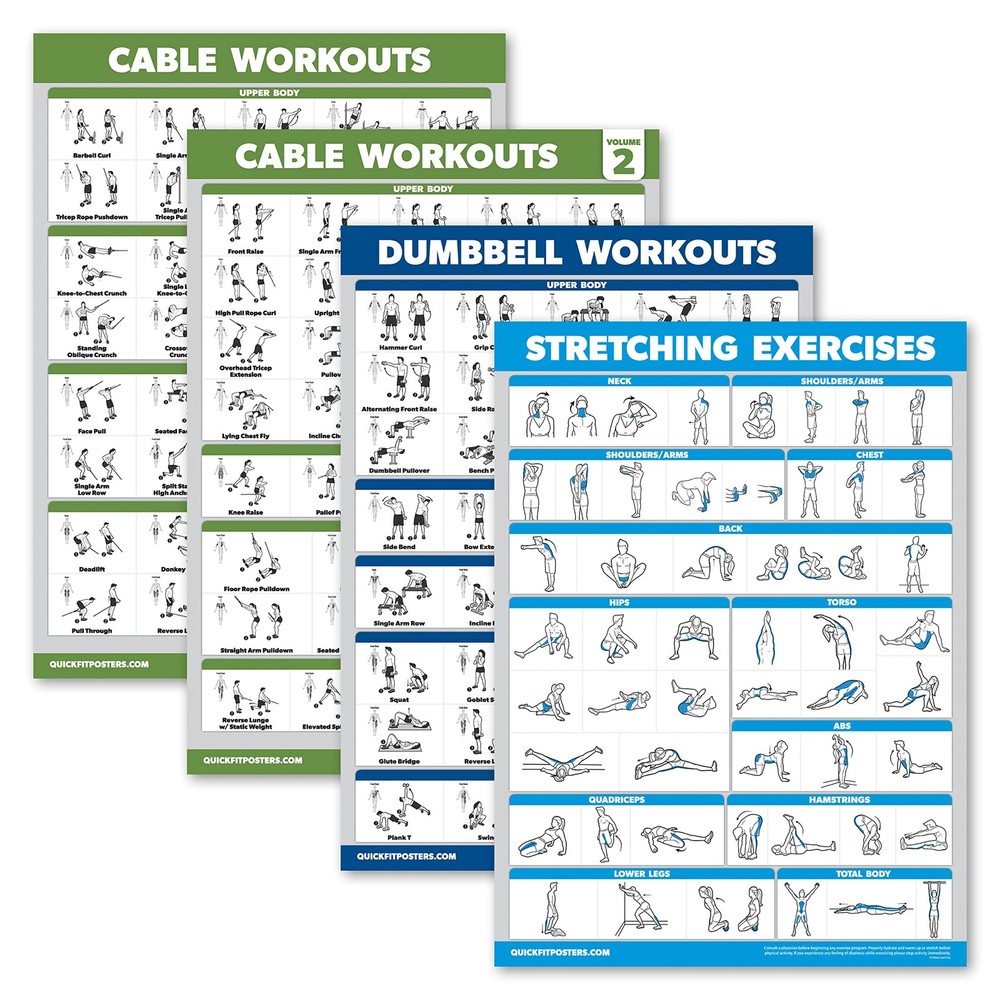 4 Pack - Cable Machine Workout Posters Volume 1 & 2 + 18" x 24", LAMINATED
