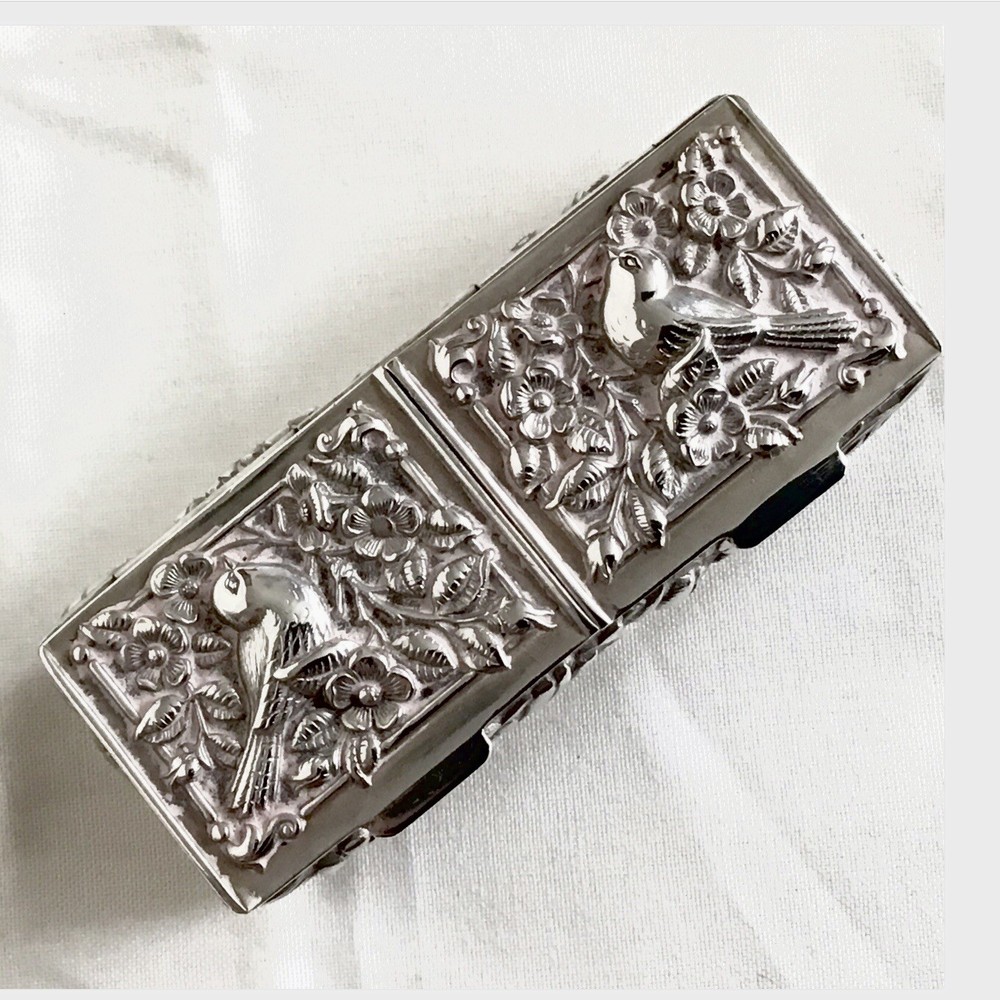 Solid Silver 925 Antique Little Blush Box, Hinged Lid & Two Compartments