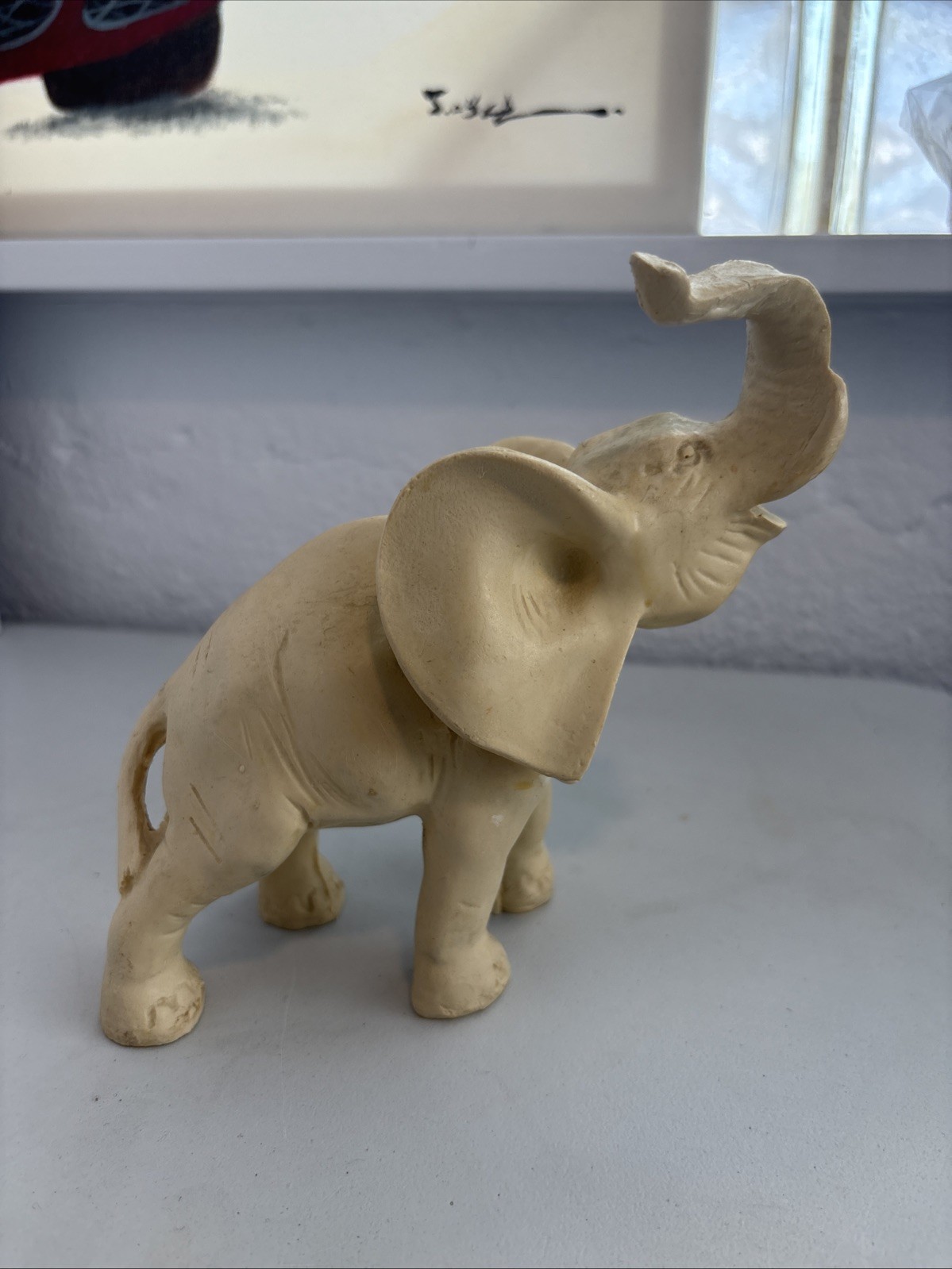 Elephant Figurine Trunk Up. White. Resin Or Alabaster? 1.2 Lbs