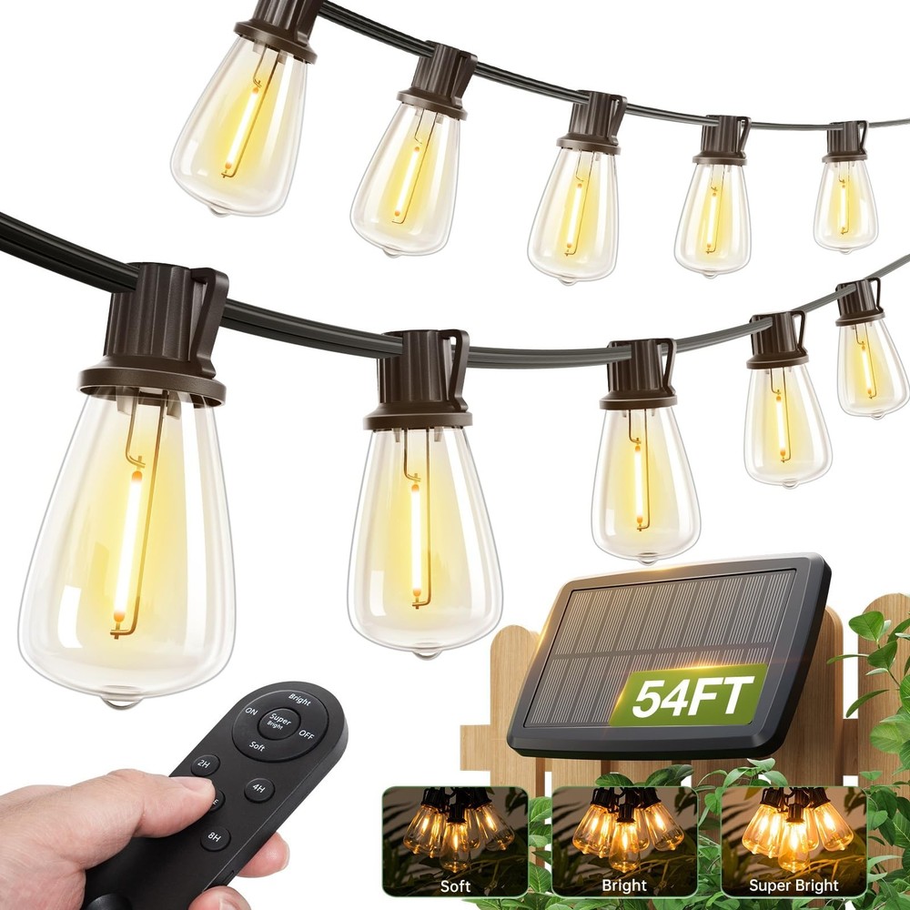 54FT Solar String Lights Waterproof, Remote & USB Powered, 15 Shatterproof Bulbs